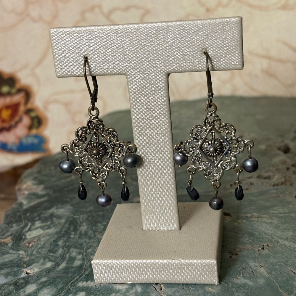 Gray Beaded Chandelier Dark Silver Earrings